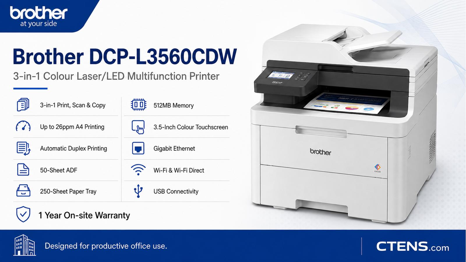 Brother DCP-L3560CDW 3-in-1 Colour Laser Printer, 26ppm, Auto Duplex, 50-Sheet ADF, 3.5-inch Touchscreen, Gigabit Ethernet, Wi-Fi | DCP-L3560CDW
